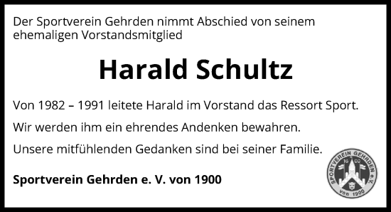 Traueranzeige von Harald Schultz von Hannoversche Allgemeine Zeitung/Neue Presse