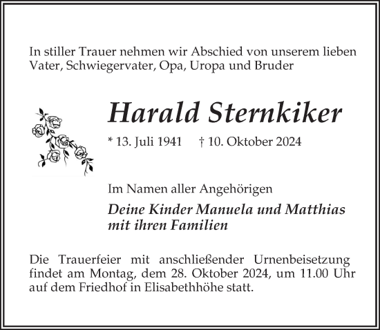 Traueranzeige von Harald Sternkiker von Märkischen Allgemeine Zeitung