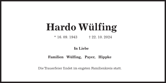 Traueranzeige von Hardo Wülfing von Hannoversche Allgemeine Zeitung/Neue Presse