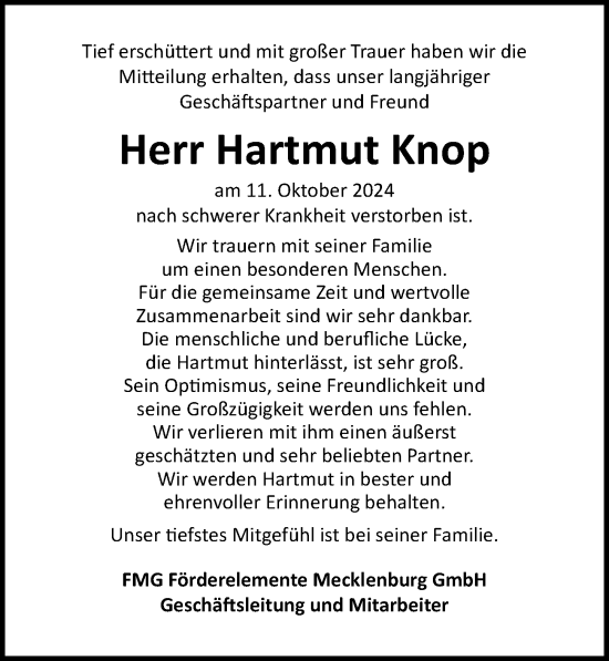 Traueranzeige von Hartmut Knop von Ostsee-Zeitung GmbH