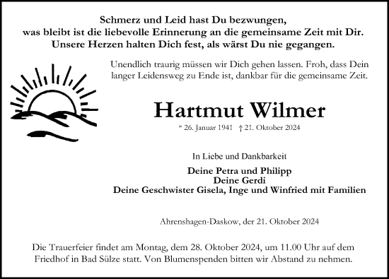 Traueranzeige von Hartmut Wilmer von Ostsee-Zeitung GmbH