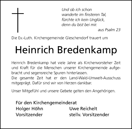 Traueranzeige von Heinrich Bredenkamp von Lübecker Nachrichten