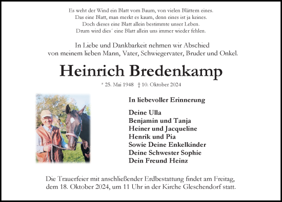 Traueranzeige von Heinrich Bredenkamp von Lübecker Nachrichten