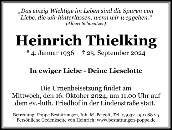 Traueranzeige von Heinrich Thielking von Hannoversche Allgemeine Zeitung/Neue Presse