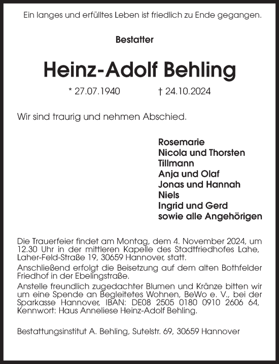 Traueranzeige von Heinz-Adolf Behling von Hannoversche Allgemeine Zeitung/Neue Presse