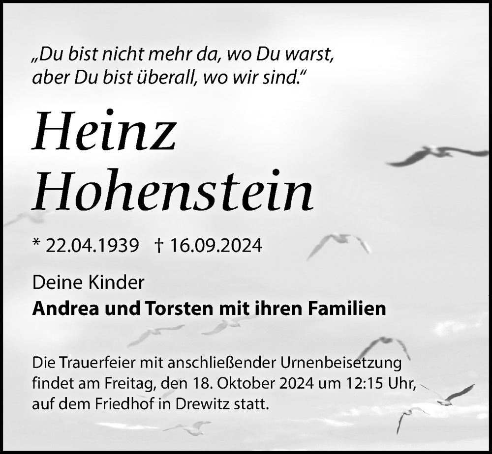  Traueranzeige für Heinz Hohenstein vom 05.10.2024 aus Märkischen Allgemeine Zeitung