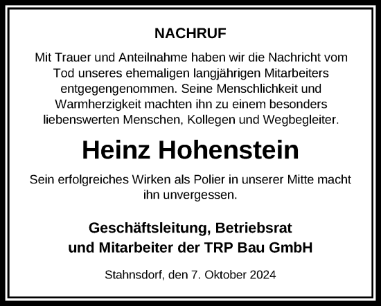 Traueranzeige von Heinz Hohenstein von Märkischen Allgemeine Zeitung