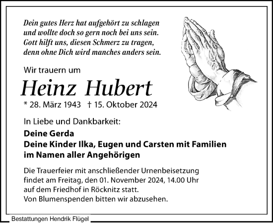 Traueranzeige von Heinz Hubert von Leipziger Volkszeitung