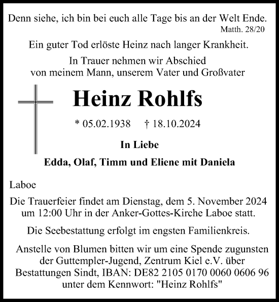 Traueranzeige von Heinz Rohlfs von Kieler Nachrichten