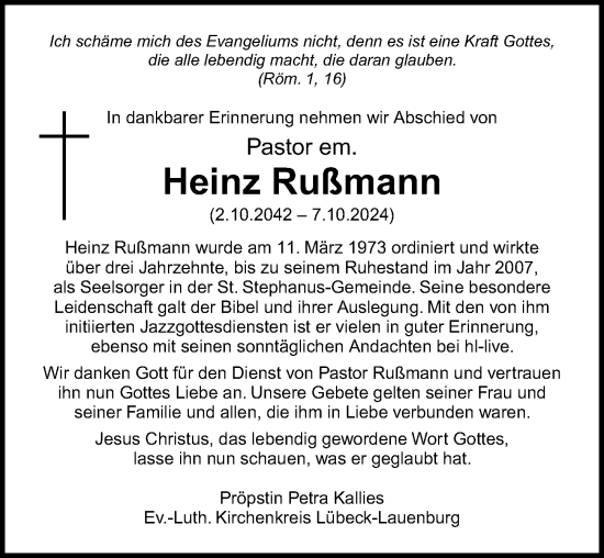 Traueranzeige von Heinz Rußmann von Lübecker Nachrichten