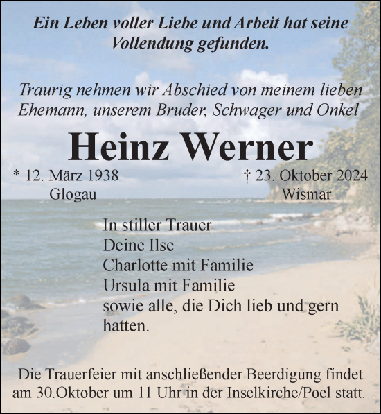 Traueranzeige von Heinz Werner von Ostsee-Zeitung GmbH