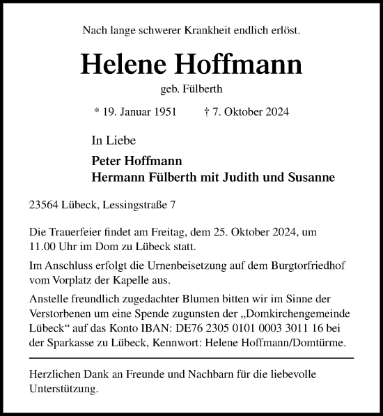 Traueranzeige von Helene Hoffmann von Lübecker Nachrichten