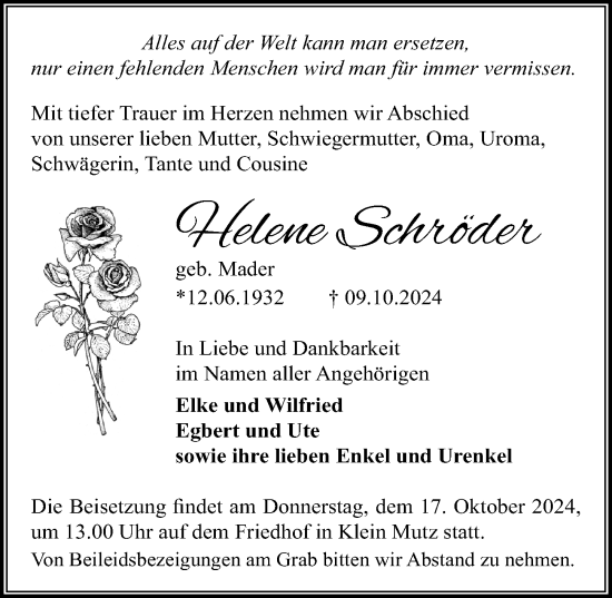 Traueranzeige von Helene Schröder von Märkischen Allgemeine Zeitung