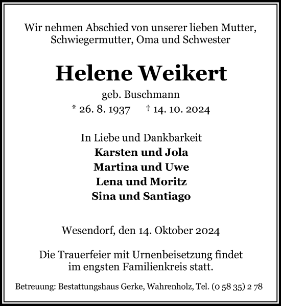 Traueranzeige von Helene Weikert von Aller Zeitung