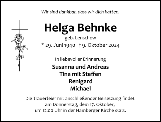 Traueranzeige von Helga Behnke von Lübecker Nachrichten