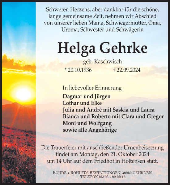 Traueranzeige von Helga Gehrke von Hannoversche Allgemeine Zeitung/Neue Presse