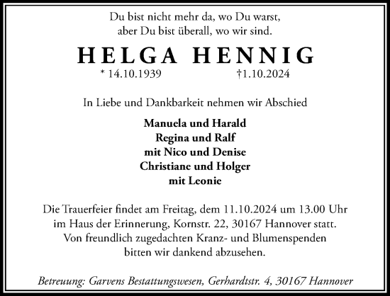 Traueranzeige von Helga Hennig von Hannoversche Allgemeine Zeitung/Neue Presse