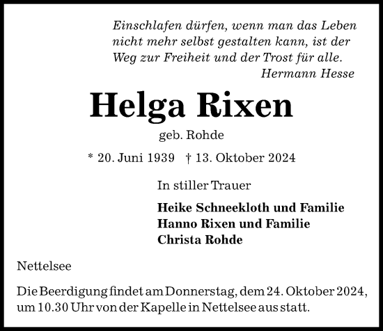 Traueranzeige von Helga Rixen von Kieler Nachrichten