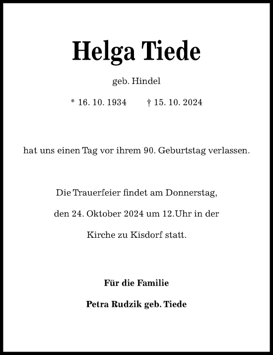 Traueranzeige von Helga Tiede von Kieler Nachrichten