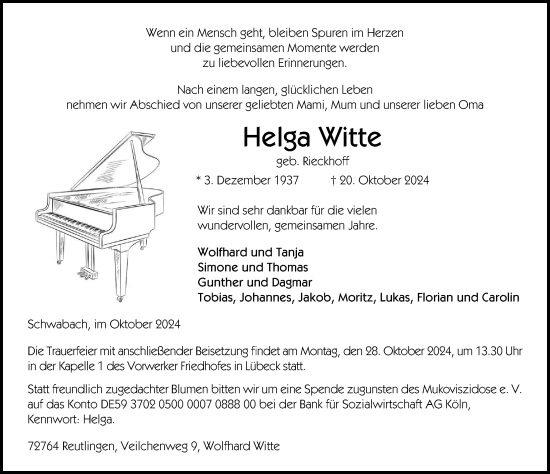 Traueranzeige von Helga Witte von Lübecker Nachrichten