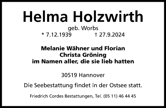 Traueranzeige von Helma Holzwirth von Hannoversche Allgemeine Zeitung/Neue Presse