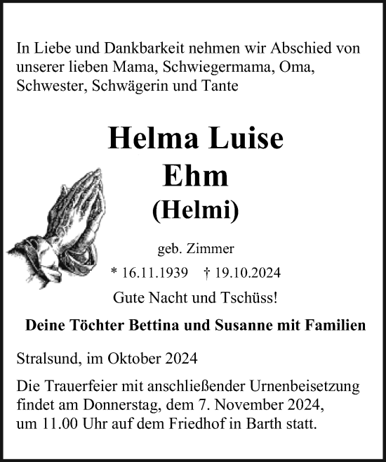 Traueranzeige von Helma Luise Ehm von Ostsee-Zeitung GmbH