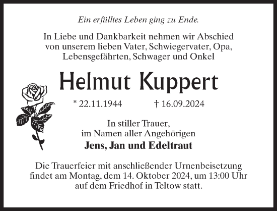 Traueranzeige von Helmut Kuppert von Märkischen Allgemeine Zeitung