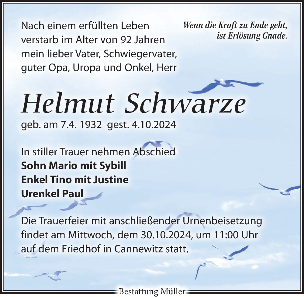  Traueranzeige für Helmut Schwarze vom 12.10.2024 aus Leipziger Volkszeitung