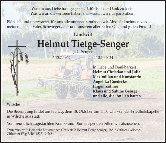 Traueranzeige von Helmut Tietge-Senger von Aller Zeitung