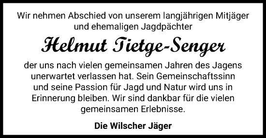 Traueranzeige von Helmut Tietge-Senger von Aller Zeitung