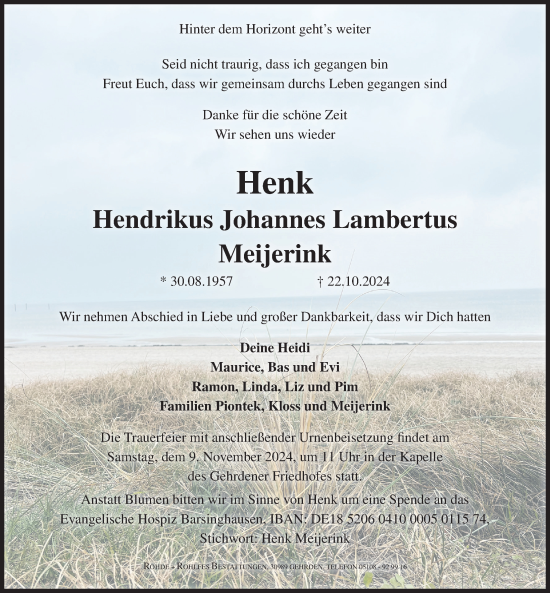 Traueranzeige von Hendrikus Johannes Lambertus Meijerink von Hannoversche Allgemeine Zeitung/Neue Presse