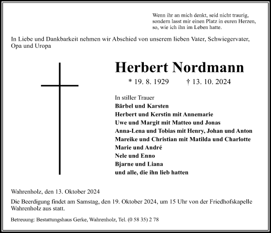 Traueranzeige von Herbert Nordmann von Aller Zeitung