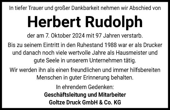 Traueranzeige von Herbert Rudolph von Göttinger Tageblatt