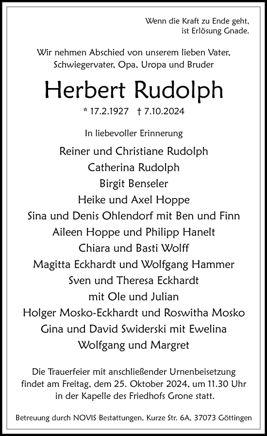 Traueranzeige von Herbert Rudolph von Göttinger Tageblatt