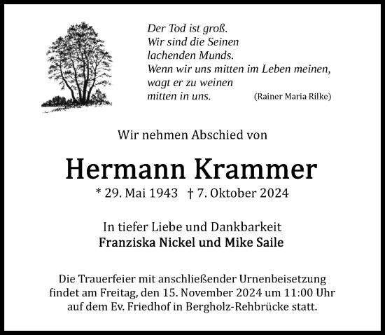 Traueranzeige von Hermann Krammer von Märkischen Allgemeine Zeitung