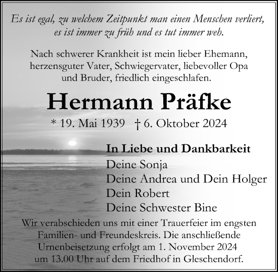 Traueranzeige von Hermann Präfke von Ostsee-Zeitung GmbH