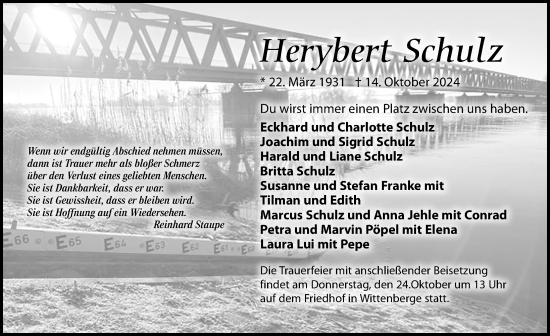 Traueranzeige von Herybert Schulz von Wochenspiegel