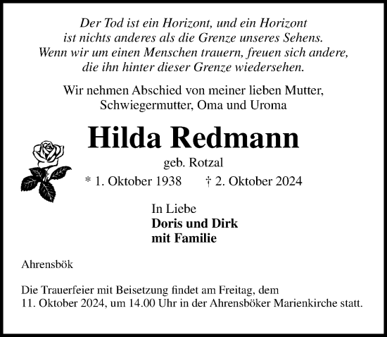 Traueranzeige von Hilda Redmann von Lübecker Nachrichten