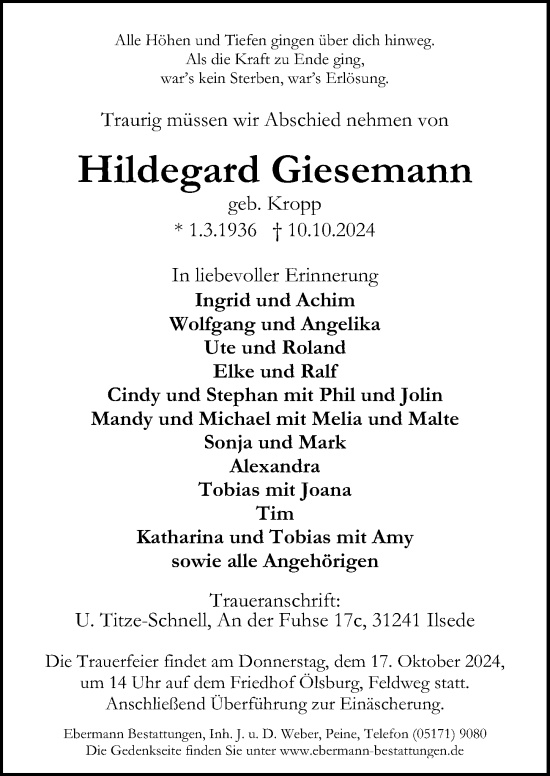 Traueranzeige von Hildegard Giesemann von Peiner Allgemeine Zeitung