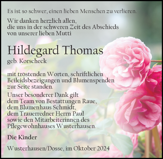 Traueranzeige von Hildegard Thomas von Wochenspiegel