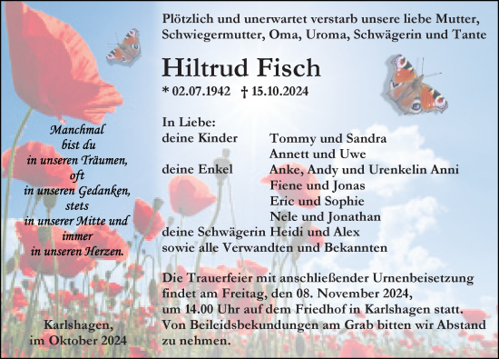 Traueranzeige von Hiltrud Fisch von Ostsee-Zeitung GmbH