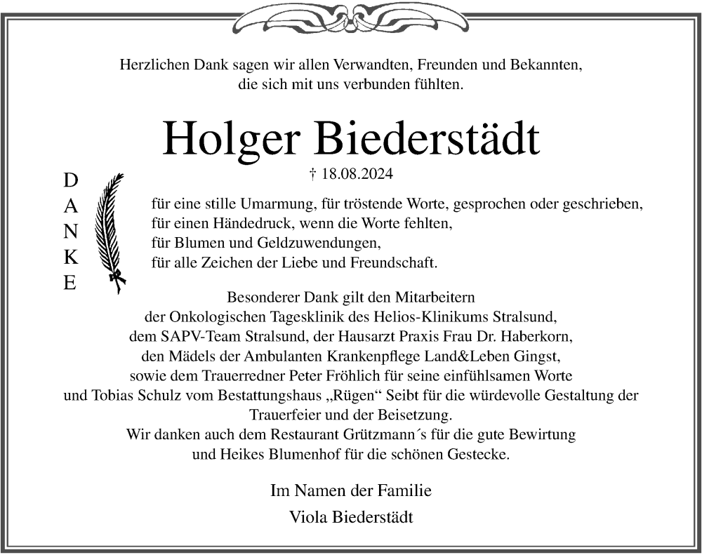  Traueranzeige für Holger Biederstädt vom 12.10.2024 aus Ostsee-Zeitung GmbH