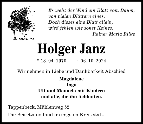 Traueranzeige von Holger Janz von Aller Zeitung