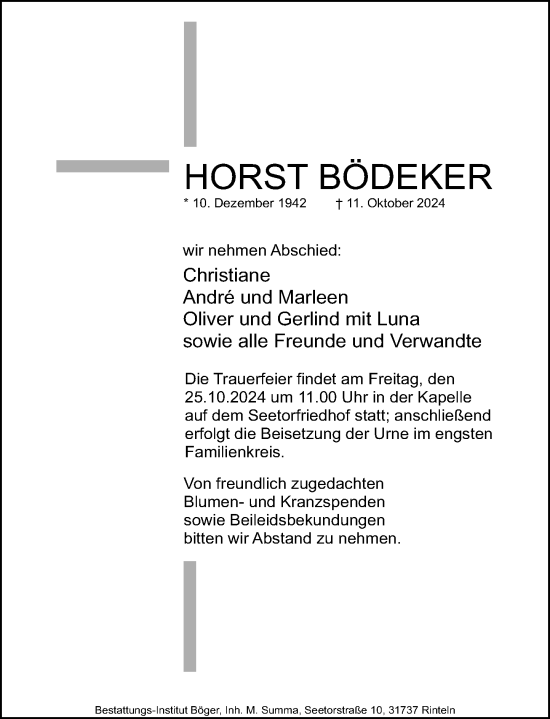 Traueranzeige von Horst Bödecker von Schaumburger Nachrichten und Schaumburger Zeitung/ Landes-Zeitung