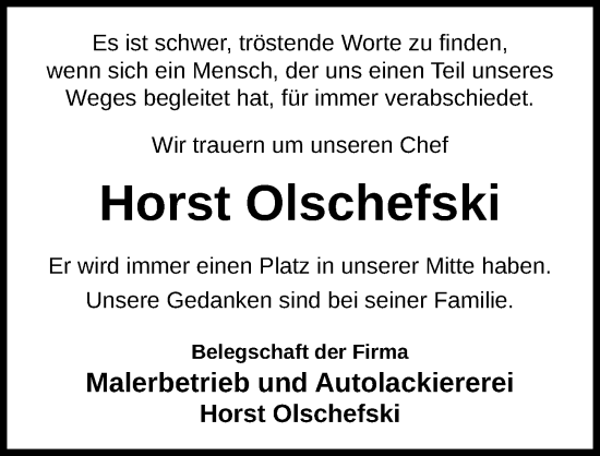 Traueranzeige von Horst Olschefski von Peiner Allgemeine Zeitung