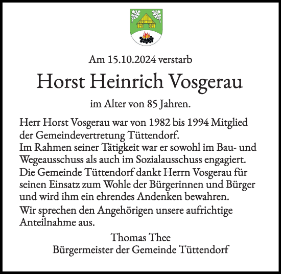 Traueranzeige von Horst Heinrich Vosgerau von Kieler Nachrichten