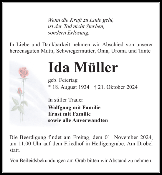 Traueranzeige von Ida Müller von Märkischen Allgemeine Zeitung