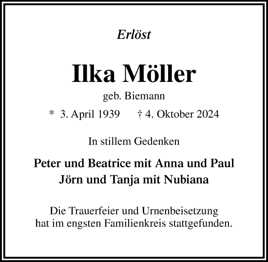 Traueranzeige von Ilka Möller von Lübecker Nachrichten