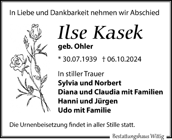 Traueranzeige von Ilse Kasek von Leipziger Volkszeitung