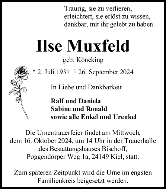 Traueranzeige von Ilse Muxfeld von Kieler Nachrichten